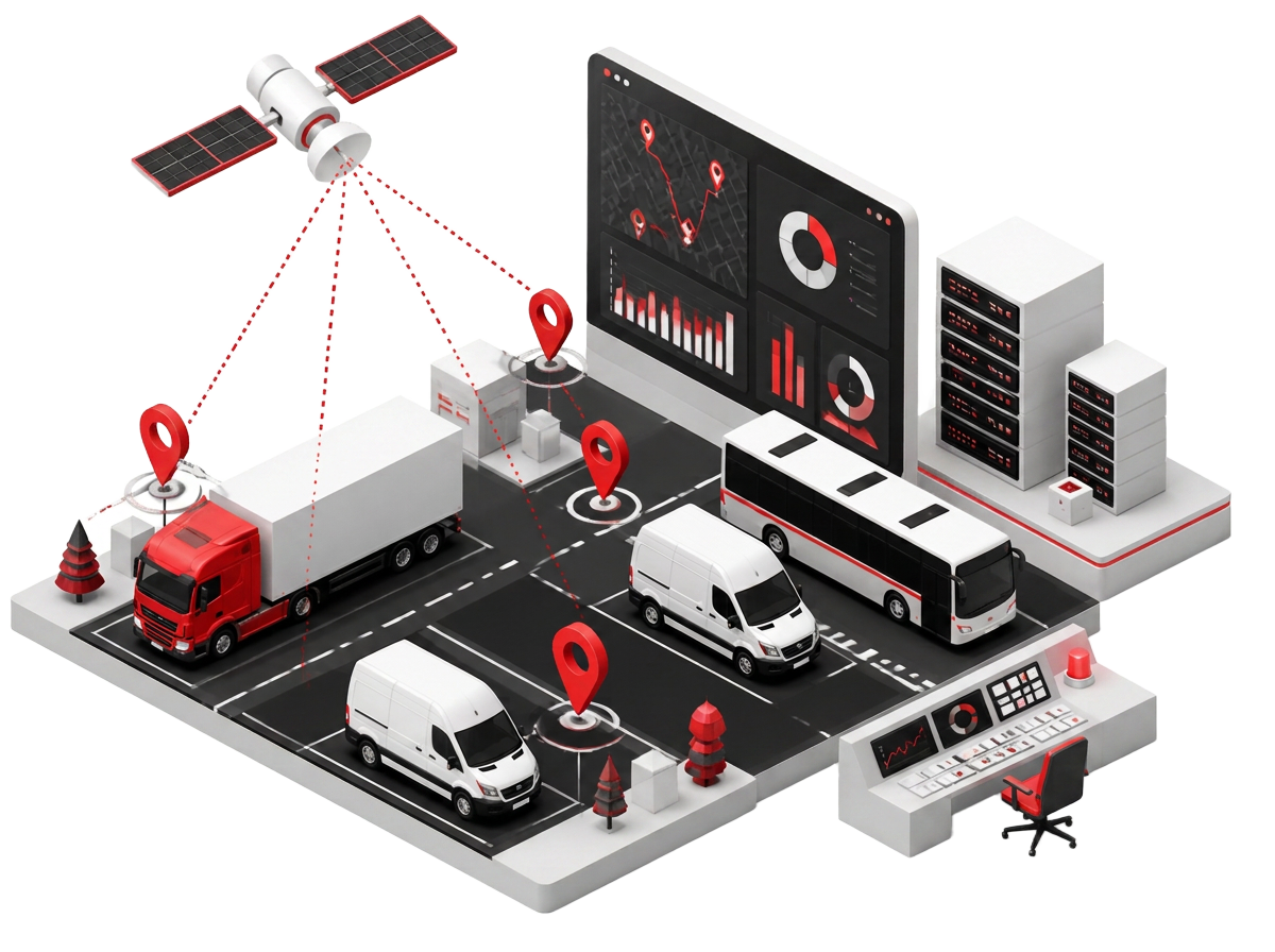 Ilustración isométrica de una flota monitoreada por satélite con panel de control