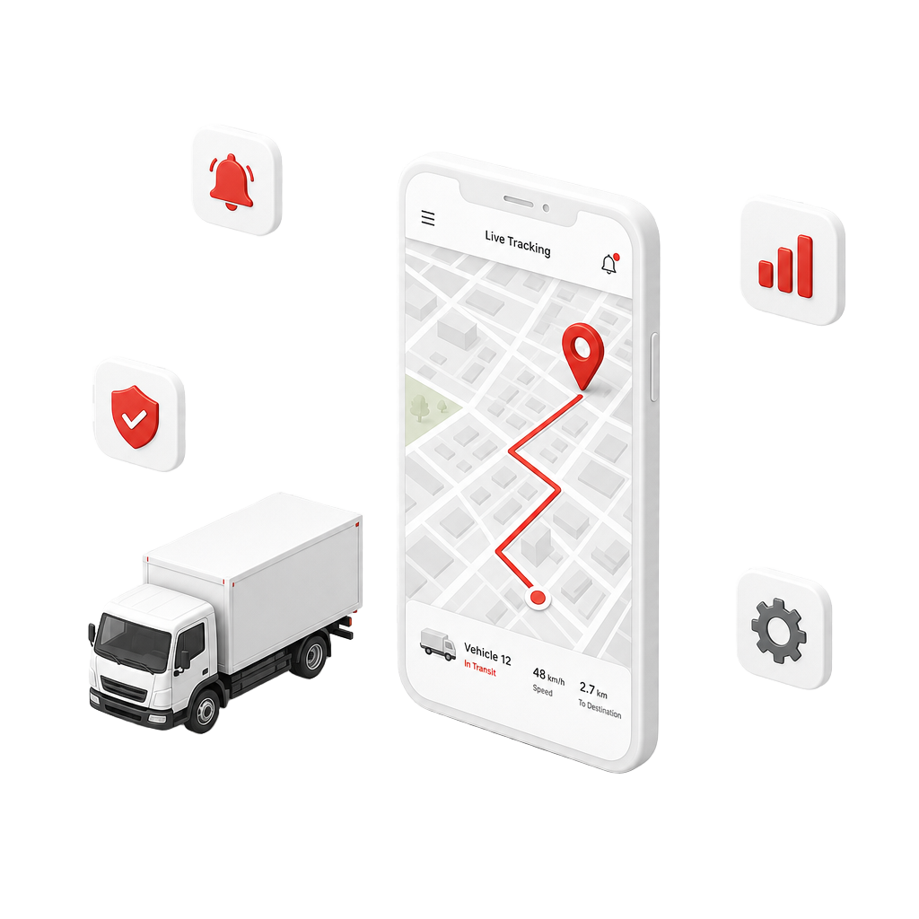 Ilustración isométrica de la app móvil de infoTRACK con mapa, ruta y alertas